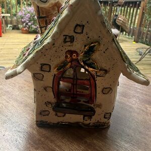 Ceramic Decorative House Sculpture in Cream with Red and Green Accents